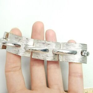 Vintage Chunky Silver Tone Panel Bangle Bracelet, Retro Unsigned Estate